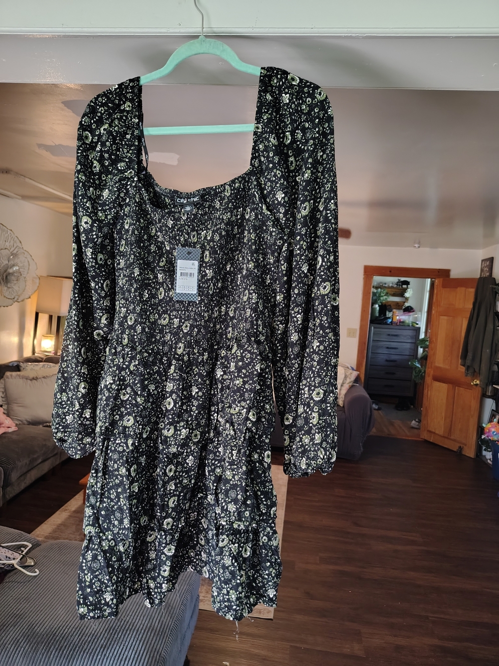 NWT Floral Long-Sleeve Mini Dress - Black with Pale Green Print